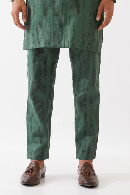 Buy_Son Of A Noble Snob_Green Linen Embroidery Vincent Spaces Printed Straight Kurta With Pant _Online_at_Aza_Fashions