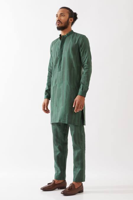 Shop_Son Of A Noble Snob_Green Linen Embroidery Vincent Spaces Printed Straight Kurta With Pant _Online_at_Aza_Fashions