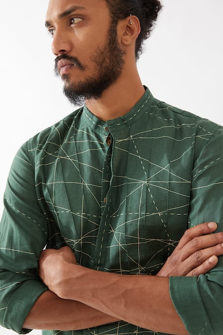 Son Of A Noble Snob_Green Linen Embroidery Jasper Network Printed Kurta With Pant _Online_at_Aza_Fashions