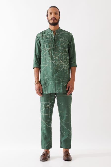 Shop_Son Of A Noble Snob_Green Linen Embroidery Jasper Network Printed Kurta With Pant _Online_at_Aza_Fashions