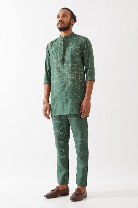 Son Of A Noble Snob_Green Linen Embroidery Jasper Network Printed Kurta With Pant _at_Aza_Fashions