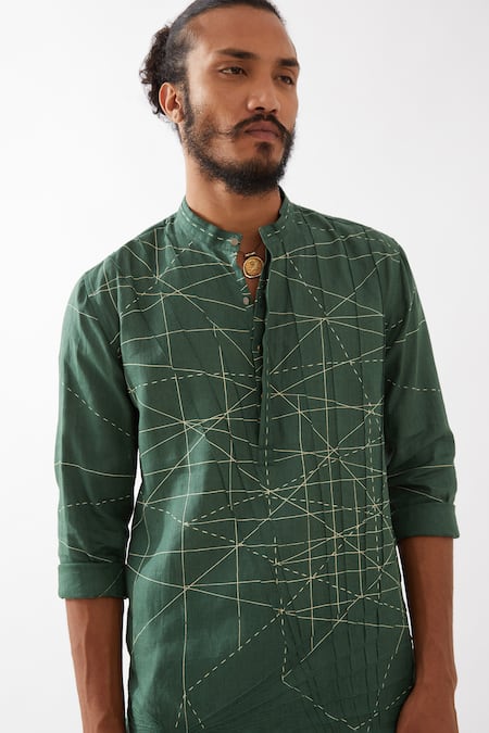 Buy_Son Of A Noble Snob_Green Linen Embroidery Jasper Network Printed Kurta With Pant 