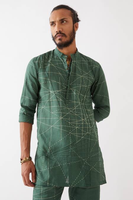 Shop_Son Of A Noble Snob_Green Linen Embroidery Jasper Network Printed Kurta With Pant 