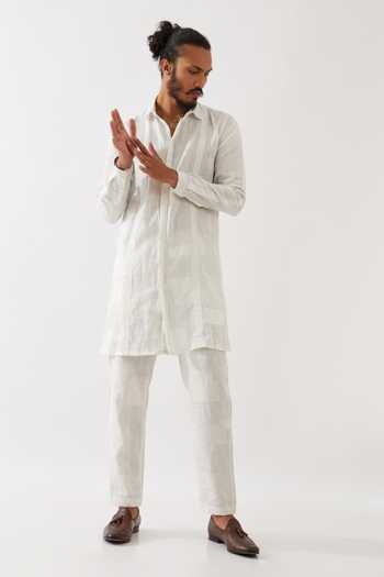 Son Of A Noble Snob White Linen Jounah Blocks Straight Kurta With Pant at Aza Fashions Son Of A Noble Snob_White Linen Jounah Blocks Straight Kurta With Pant _at_Aza_Fashions