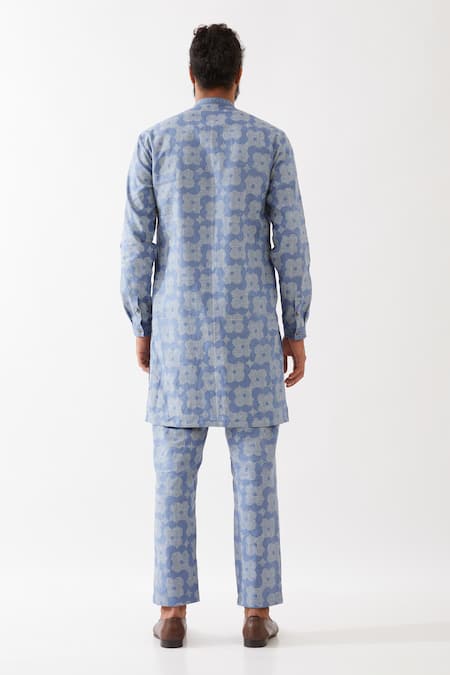 Shop Son Of A Noble Snob Blue Linen Embroidery Ace Flora Printed Kurta With Pant at Aza Fashions Shop_Son Of A Noble Snob_Blue Linen Embroidery Ace Flora Printed Kurta With Pant _at_Aza_Fashions