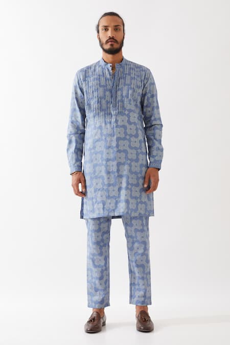 Buy Son Of A Noble Snob Blue Linen Embroidery Ace Flora Printed Kurta With Pant Online at Aza Fashions Buy_Son Of A Noble Snob_Blue Linen Embroidery Ace Flora Printed Kurta With Pant _Online_at_Aza_Fashions