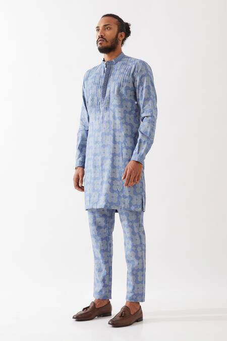 Shop Son Of A Noble Snob Blue Linen Embroidery Ace Flora Printed Kurta With Pant Online at Aza Fashions Shop_Son Of A Noble Snob_Blue Linen Embroidery Ace Flora Printed Kurta With Pant _Online_at_Aza_Fashions
