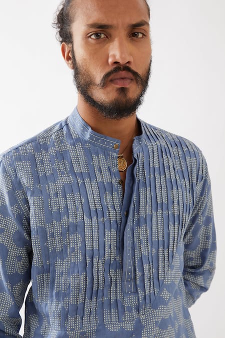 Son Of A Noble Snob Blue Linen Embroidery Ace Flora Printed Kurta With Pant at Aza Fashions Son Of A Noble Snob_Blue Linen Embroidery Ace Flora Printed Kurta With Pant _at_Aza_Fashions