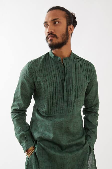 Son Of A Noble Snob_Green Linen Embroidery Ace Flora Kurta With Pant _Online_at_Aza_Fashions
