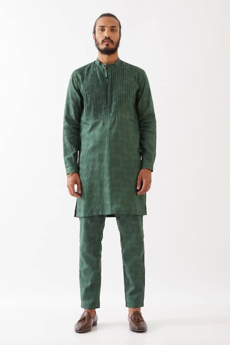 Buy_Son Of A Noble Snob_Green Linen Embroidery Ace Flora Kurta With Pant _Online_at_Aza_Fashions