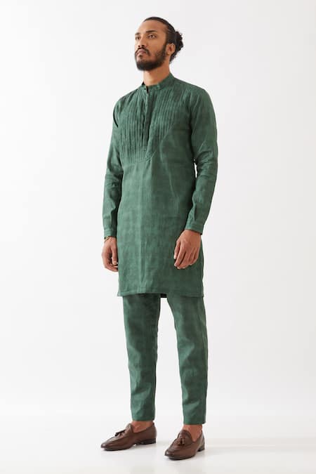 Shop_Son Of A Noble Snob_Green Linen Embroidery Ace Flora Kurta With Pant _Online_at_Aza_Fashions