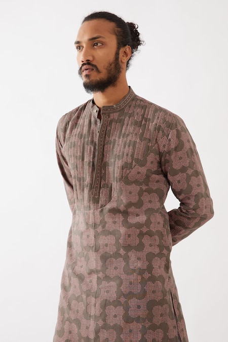 Son Of A Noble Snob_Grey Cotton, Linen Embroidery Ace Flora Printed Kurta With Pant _Online_at_Aza_Fashions