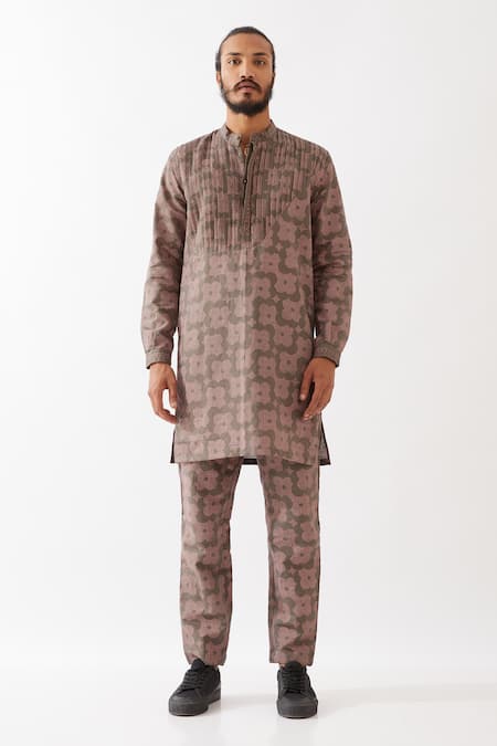 Buy_Son Of A Noble Snob_Grey Cotton, Linen Embroidery Ace Flora Printed Kurta With Pant _Online_at_Aza_Fashions