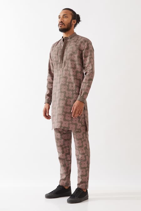Shop_Son Of A Noble Snob_Grey Cotton, Linen Embroidery Ace Flora Printed Kurta With Pant _Online_at_Aza_Fashions