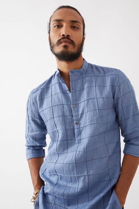 Buy_Son Of A Noble Snob_Blue Linen Jenson Window Check Printed Kurta With Pant _Online_at_Aza_Fashions