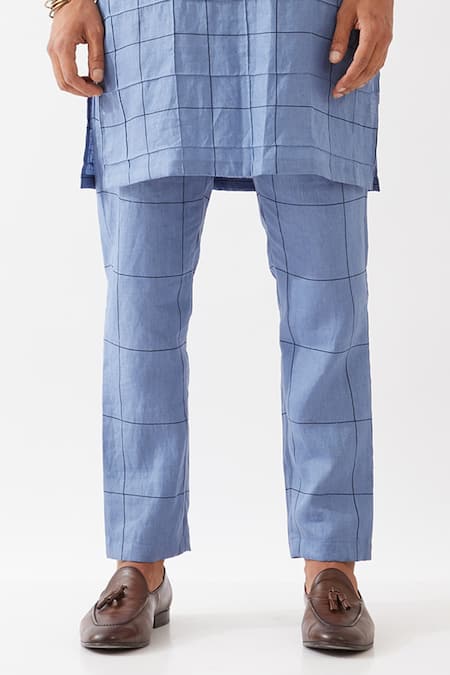 Shop_Son Of A Noble Snob_Blue Linen Jenson Window Check Printed Kurta With Pant _Online_at_Aza_Fashions