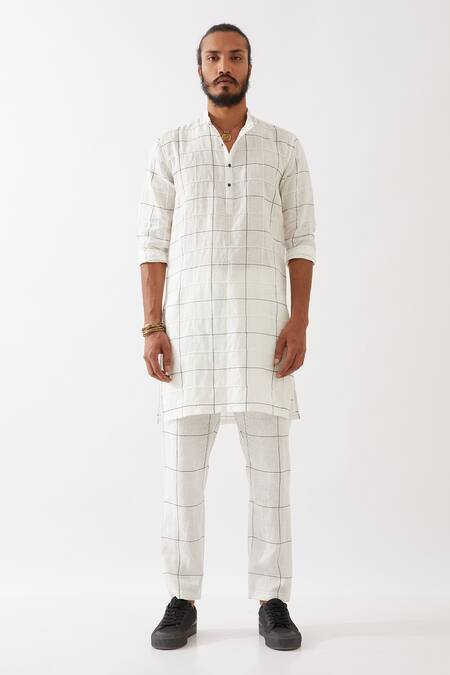 Buy_Son Of A Noble Snob_White Linen Jenson Window Printed Kurta With Pant _Online_at_Aza_Fashions