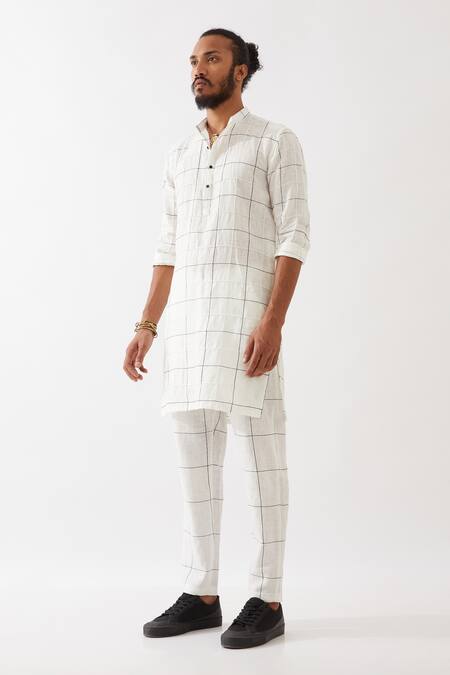 Shop_Son Of A Noble Snob_White Linen Jenson Window Printed Kurta With Pant _Online_at_Aza_Fashions