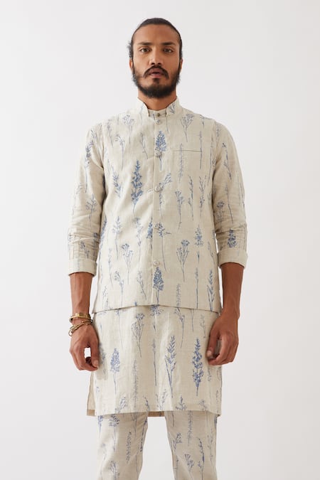 Son Of A Noble Snob_Ivory Linen Botanical Print Bundi And Kurta Set _Online_at_Aza_Fashions