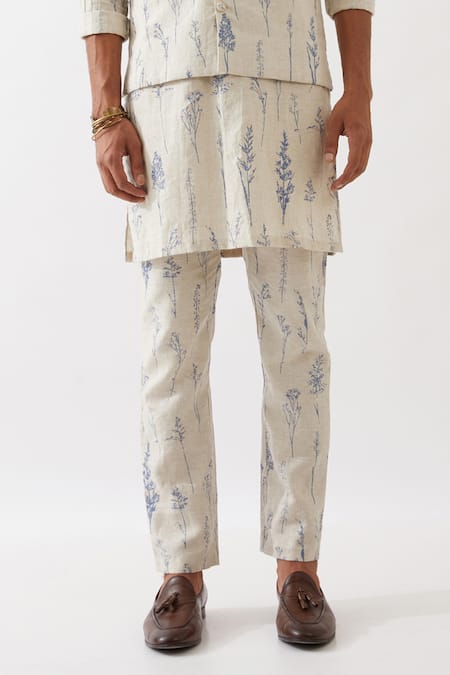 Buy_Son Of A Noble Snob_Ivory Linen Botanical Print Bundi And Kurta Set _Online_at_Aza_Fashions