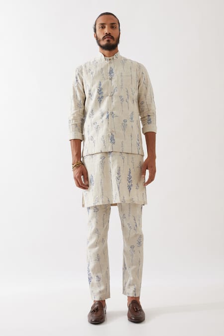 Shop_Son Of A Noble Snob_Ivory Linen Botanical Print Bundi And Kurta Set _Online_at_Aza_Fashions