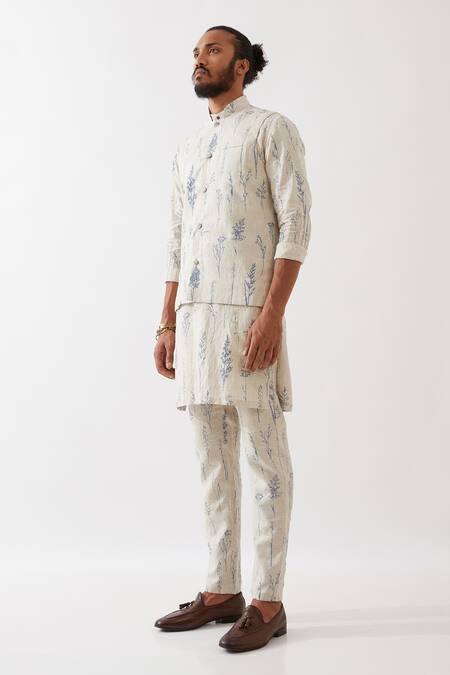 Son Of A Noble Snob_Ivory Linen Botanical Print Bundi And Kurta Set _at_Aza_Fashions