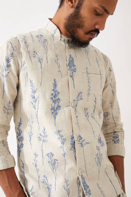 Buy_Son Of A Noble Snob_Ivory Linen Botanical Print Bundi And Kurta Set 