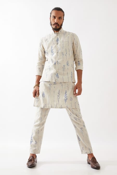 Shop_Son Of A Noble Snob_Ivory Linen Botanical Print Bundi And Kurta Set 