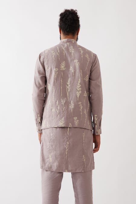 Shop Son Of A Noble Snob Purple 100% Linen Printed Botanical Bundi Kurta Set at Aza Fashions Shop_Son Of A Noble Snob_Purple 100% Linen Printed Botanical Bundi Kurta Set _at_Aza_Fashions