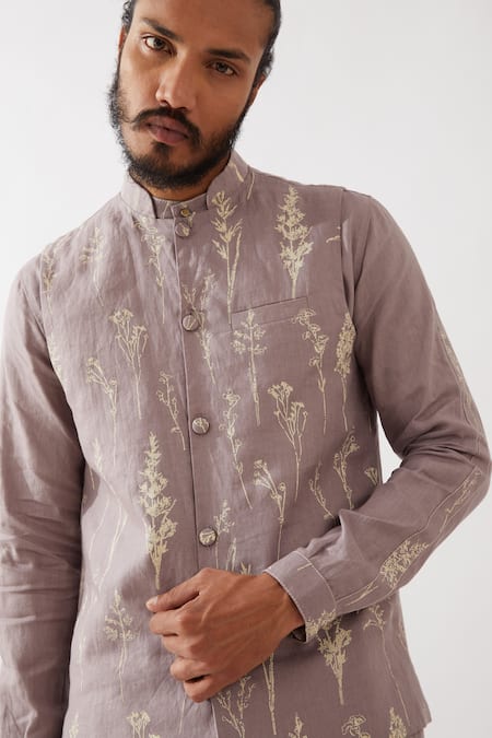 Son Of A Noble Snob Purple 100% Linen Printed Botanical Bundi Kurta Set Online at Aza Fashions Son Of A Noble Snob_Purple 100% Linen Printed Botanical Bundi Kurta Set _Online_at_Aza_Fashions
