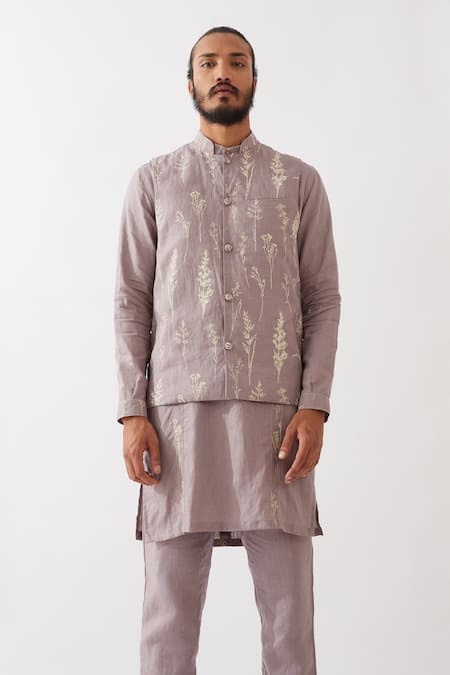 Shop Son Of A Noble Snob Purple 100% Linen Printed Botanical Bundi Kurta Set Online at Aza Fashions Shop_Son Of A Noble Snob_Purple 100% Linen Printed Botanical Bundi Kurta Set _Online_at_Aza_Fashions