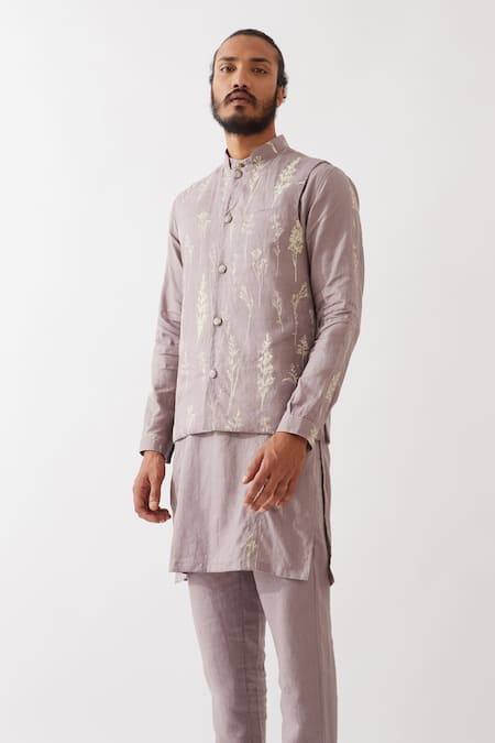 Son Of A Noble Snob_Purple 100% Linen Printed Botanical Bundi Kurta Set _at_Aza_Fashions