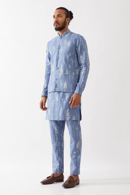 Son Of A Noble Snob_Blue 100% Linen Printed Botanical Bundi Kurta Set _Online_at_Aza_Fashions