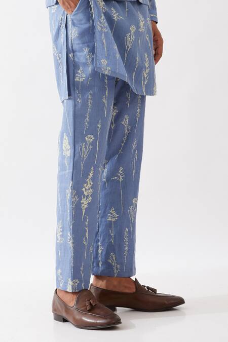 Buy_Son Of A Noble Snob_Blue 100% Linen Printed Botanical Bundi Kurta Set _Online_at_Aza_Fashions