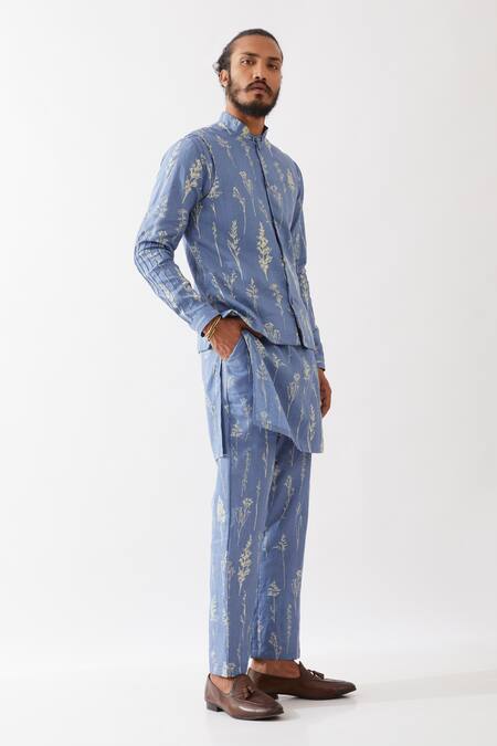 Shop_Son Of A Noble Snob_Blue 100% Linen Printed Botanical Bundi Kurta Set _Online_at_Aza_Fashions