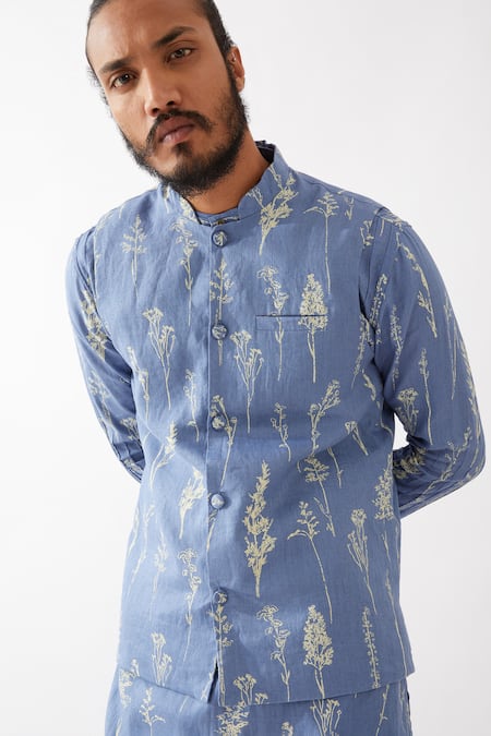 Son Of A Noble Snob_Blue 100% Linen Printed Botanical Bundi Kurta Set _at_Aza_Fashions