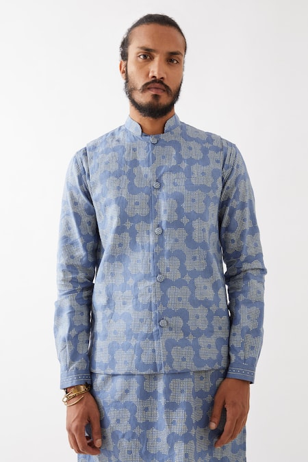 Buy_Son Of A Noble Snob_Blue 100% Linen Printed Floral Bundi And Kurta Set _Online_at_Aza_Fashions