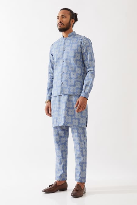 Shop_Son Of A Noble Snob_Blue 100% Linen Printed Floral Bundi And Kurta Set _Online_at_Aza_Fashions