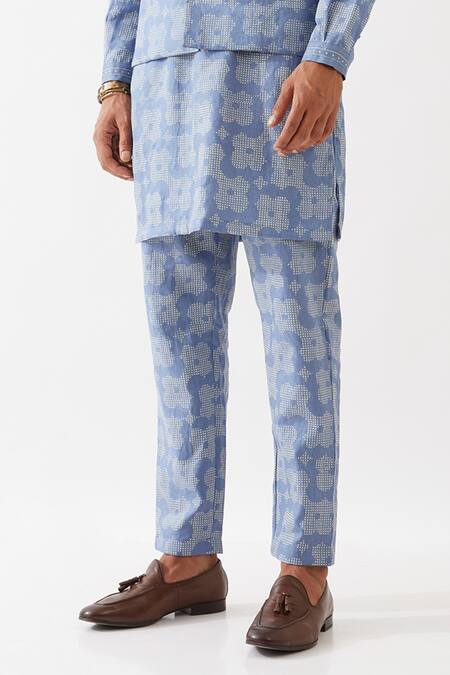 Son Of A Noble Snob_Blue 100% Linen Printed Floral Bundi And Kurta Set _at_Aza_Fashions
