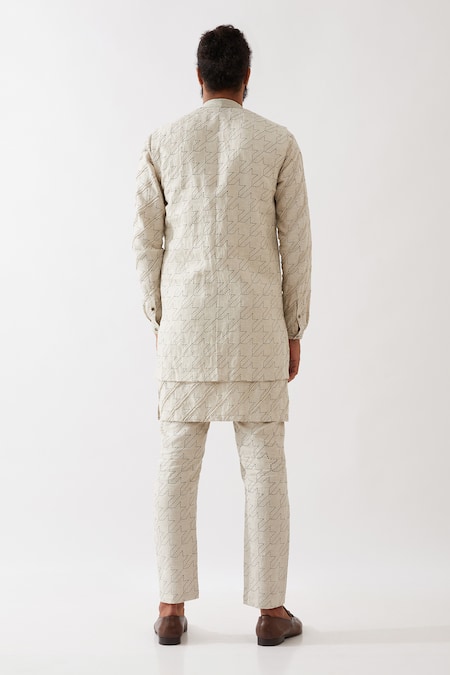 Son Of A Noble Snob Ivory 100% Linen Printed Houndstooth Bundi Kurta Set  2