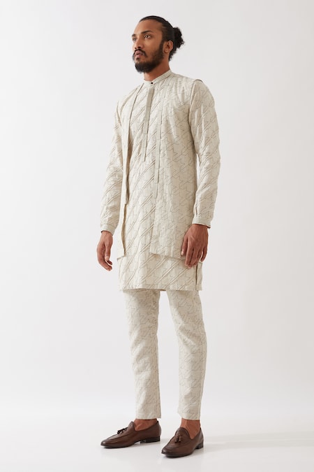 Son Of A Noble Snob Ivory 100% Linen Printed Houndstooth Bundi Kurta Set  4