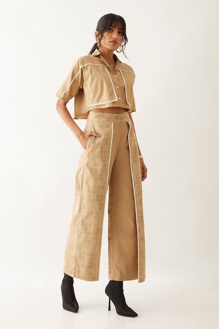 Son Of A Noble Snob_Beige Cotton Satin Print Domino Lapel Collar Reza Crop Shirt With Pant _Online_at_Aza_Fashions