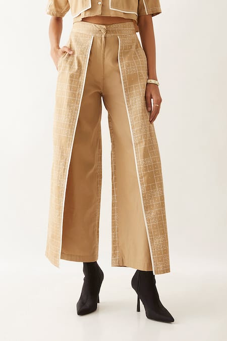 Buy_Son Of A Noble Snob_Beige Cotton Satin Print Domino Lapel Collar Reza Crop Shirt With Pant _Online_at_Aza_Fashions