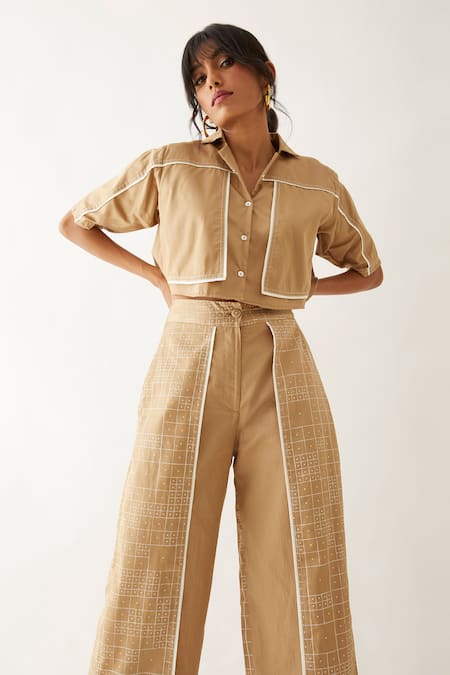 Shop_Son Of A Noble Snob_Beige Cotton Satin Print Domino Lapel Collar Reza Crop Shirt With Pant _Online_at_Aza_Fashions