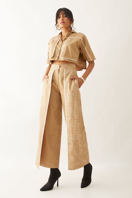 Son Of A Noble Snob_Beige Cotton Satin Print Domino Lapel Collar Reza Crop Shirt With Pant _at_Aza_Fashions