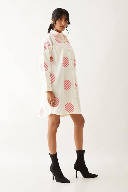 Son Of A Noble Snob_Off White Cotton Satin Embroidery Caterpillar Roonie Spot Print Shirt Fit Dress _Online_at_Aza_Fashions