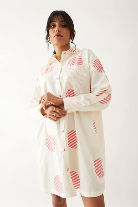 Shop_Son Of A Noble Snob_Off White Cotton Satin Embroidery Caterpillar Roonie Spot Print Shirt Fit Dress _Online_at_Aza_Fashions