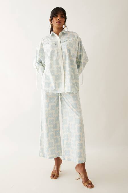 Son Of A Noble Snob Off White Cotton Satin Embroidery Caterpillar Siam Flora Print Shirt With Pant at Aza Fashions Son Of A Noble Snob_Off White Cotton Satin Embroidery Caterpillar Siam Flora Print Shirt With Pant _at_Aza_Fashions