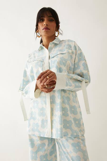 Buy Son Of A Noble Snob Off White Cotton Satin Embroidery Caterpillar Siam Flora Print Shirt With Pant Buy_Son Of A Noble Snob_Off White Cotton Satin Embroidery Caterpillar Siam Flora Print Shirt With Pant