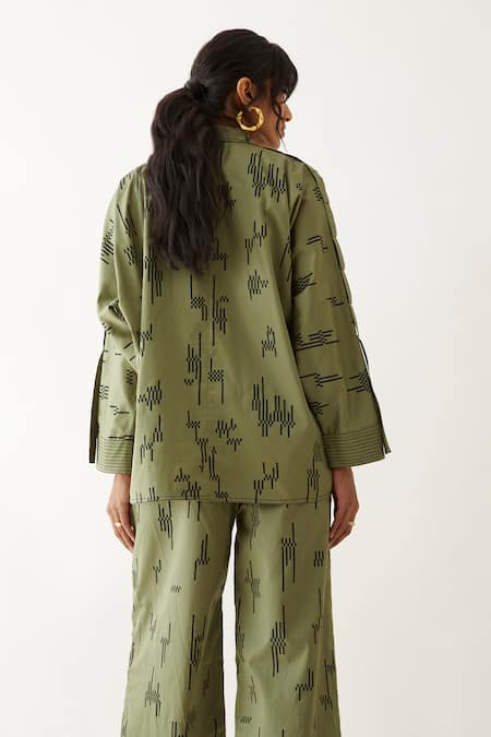 Son Of A Noble Snob_Green Cotton Satin Embroidery Caterpillar Siam Circuit Print Shirt With Pant _Online_at_Aza_Fashions